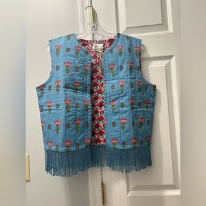 NWT $248 EDDY Ashlee Vest Floral 100% Cotton Reversible Quilted Fringe Vest